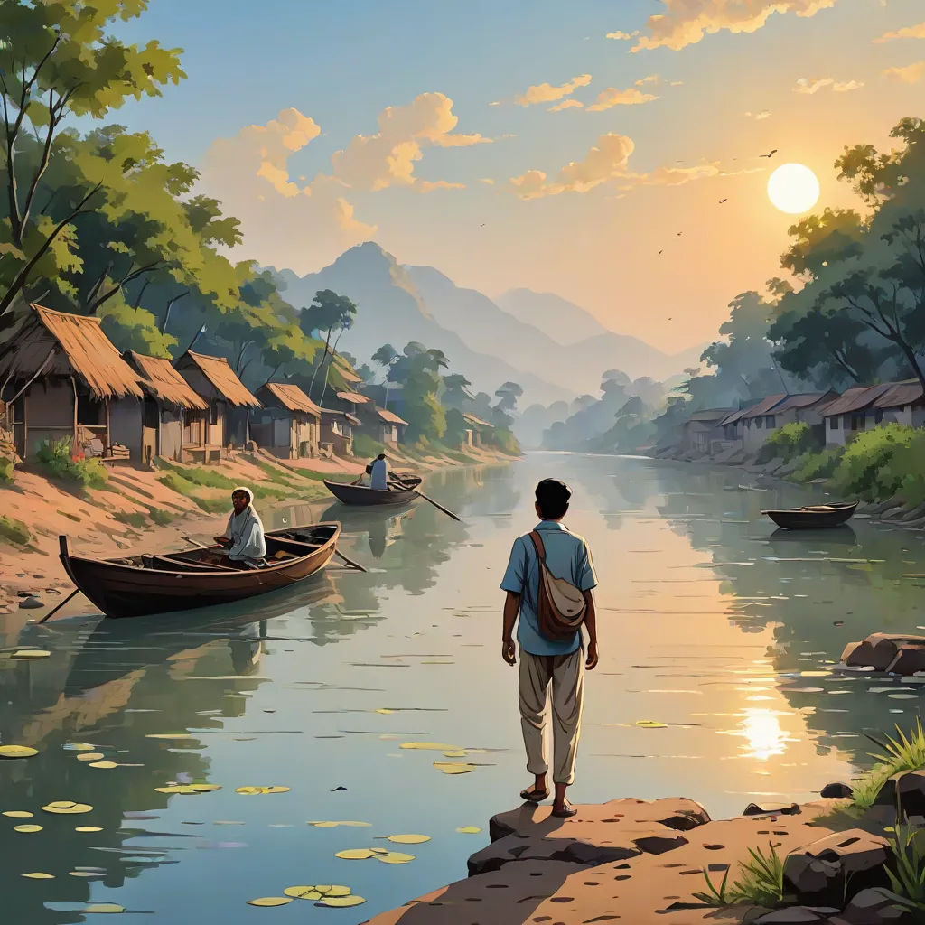 a man is walking along a river with a boat in the water and houses on the shore in the background, magical realism, a detailed matte painting, Christophe Vacher, highly detailed digital painting