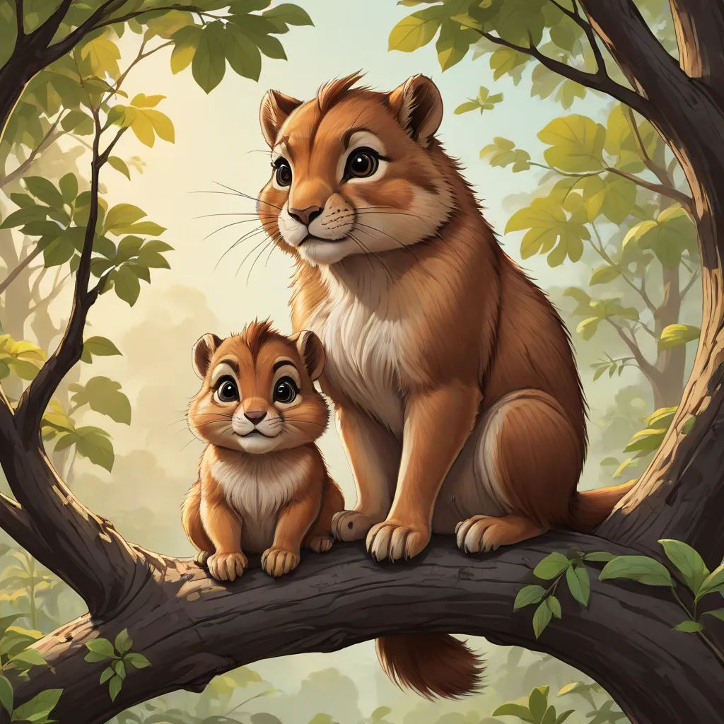 a mother and baby lion sitting on a tree branch in a forest with leaves and branches around them, with sunlight shining through the leaves, sots art, a digital painting, Chris LaBrooy, official art