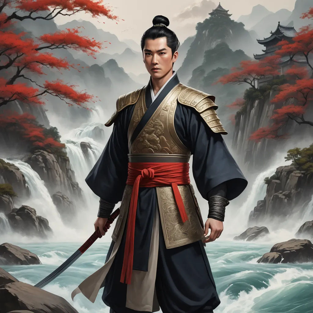 a man in a kimono standing in front of a waterfall with a sword in his hand and a red tree in the background, fantasy art, a character portrait, Emperor Huizong of Song, epic fantasy character art