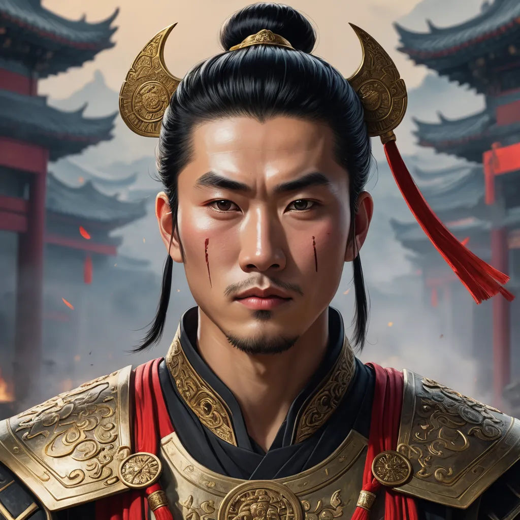 a man in a chinese costume with horns and a red ribbon around his head and a red ribbon around his neck, fantasy art, a character portrait, Dai Jin, epic fantasy character art