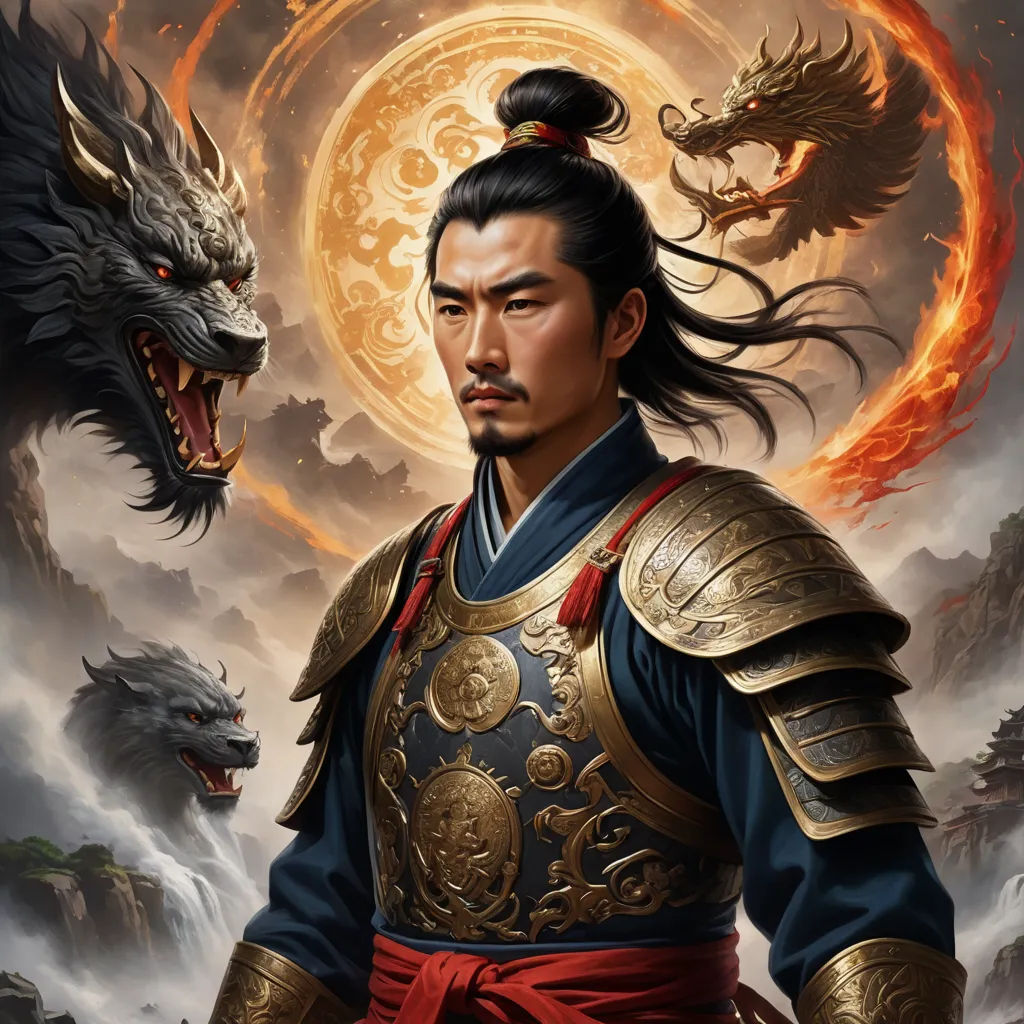 a man in a chinese costume standing next to a dragon and a dragon head on a mountain with clouds, fantasy art, a detailed painting, Emperor Huizong of Song, epic fantasy character art