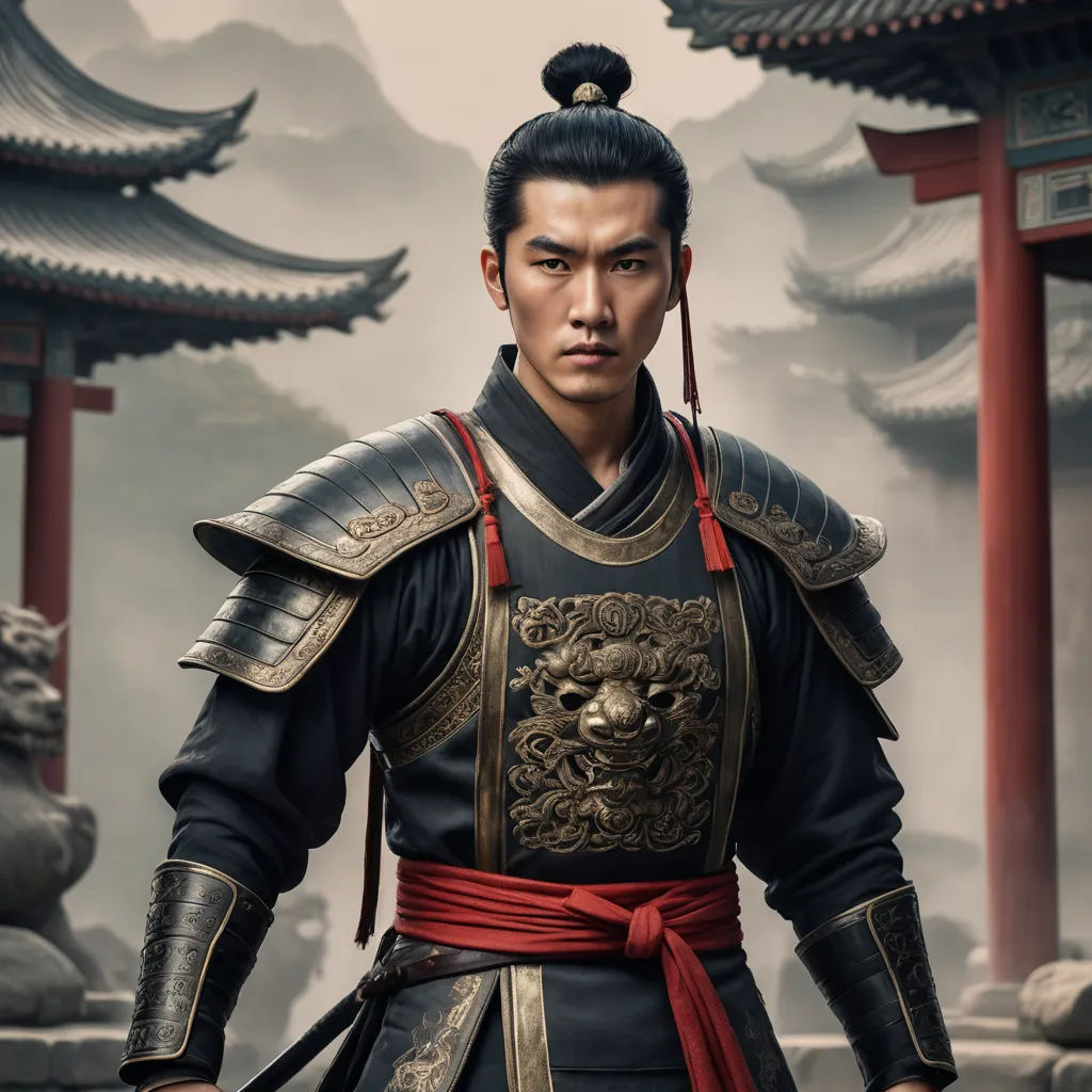 a man in a chinese costume standing in front of a building with a dragon on it's chest, dau-al-set, a character portrait, Dai Jin, promotional image