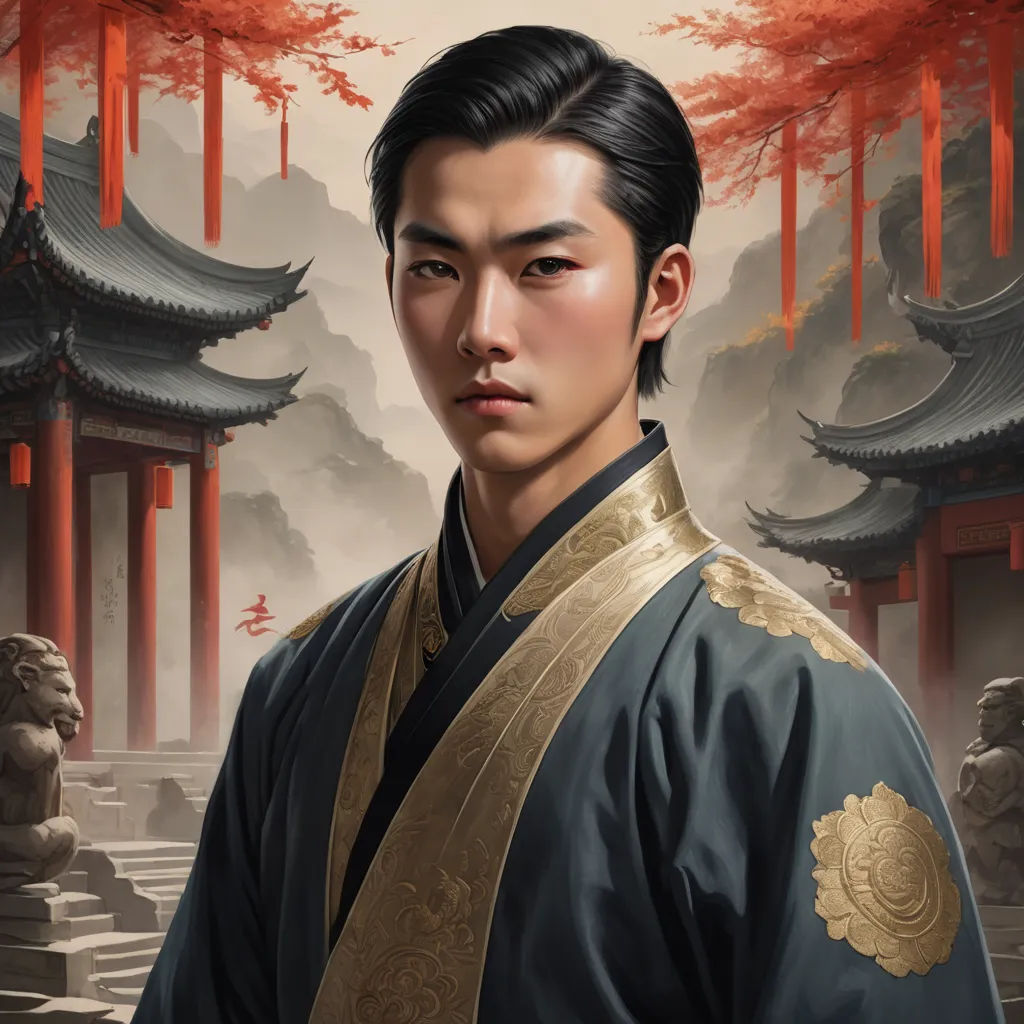 a man in a chinese costume standing in front of a pagoda and trees with red leaves on it,, fantasy art, a character portrait, Emperor Huizong of Song, rossdraws global illumination