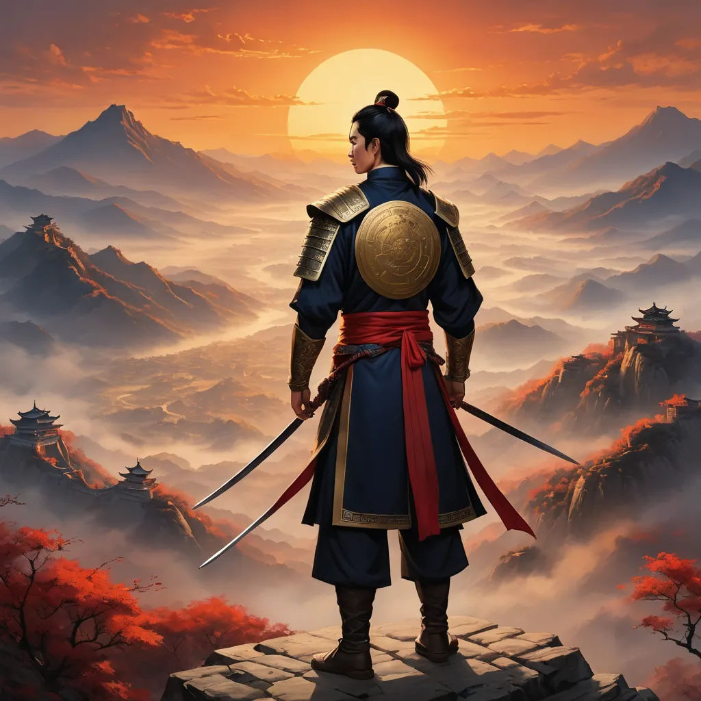 a man in a blue and red outfit standing on a rock with a sword in his hand and a mountain in the background, fantasy art, a detailed matte painting, Christophe Vacher, highly detailed digital painting