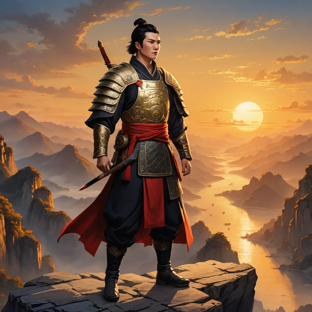 a man in a golden armor standing on a cliff with a sword in his hand and a sunset in the background, fantasy art, a character portrait, Dai Jin, epic fantasy character art