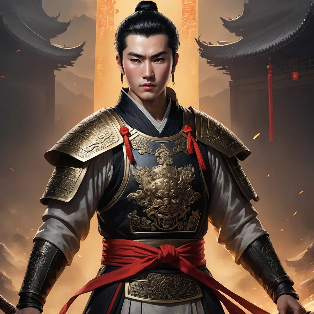 a man in a chinese costume standing in front of a building with a red ribbon around his neck and a sword in his hand, sots art, a character portrait, Emperor Huizong of Song, epic fantasy character art