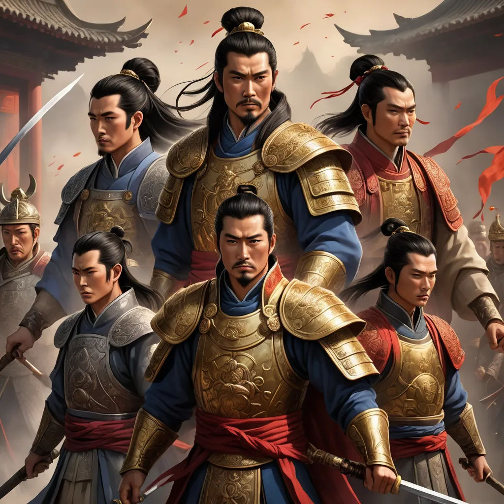 a group of men in oriental costumes holding swords and swords in their hands, with a background of red and yellow fire, sots art, a detailed painting, Emperor Huizong of Song, official art