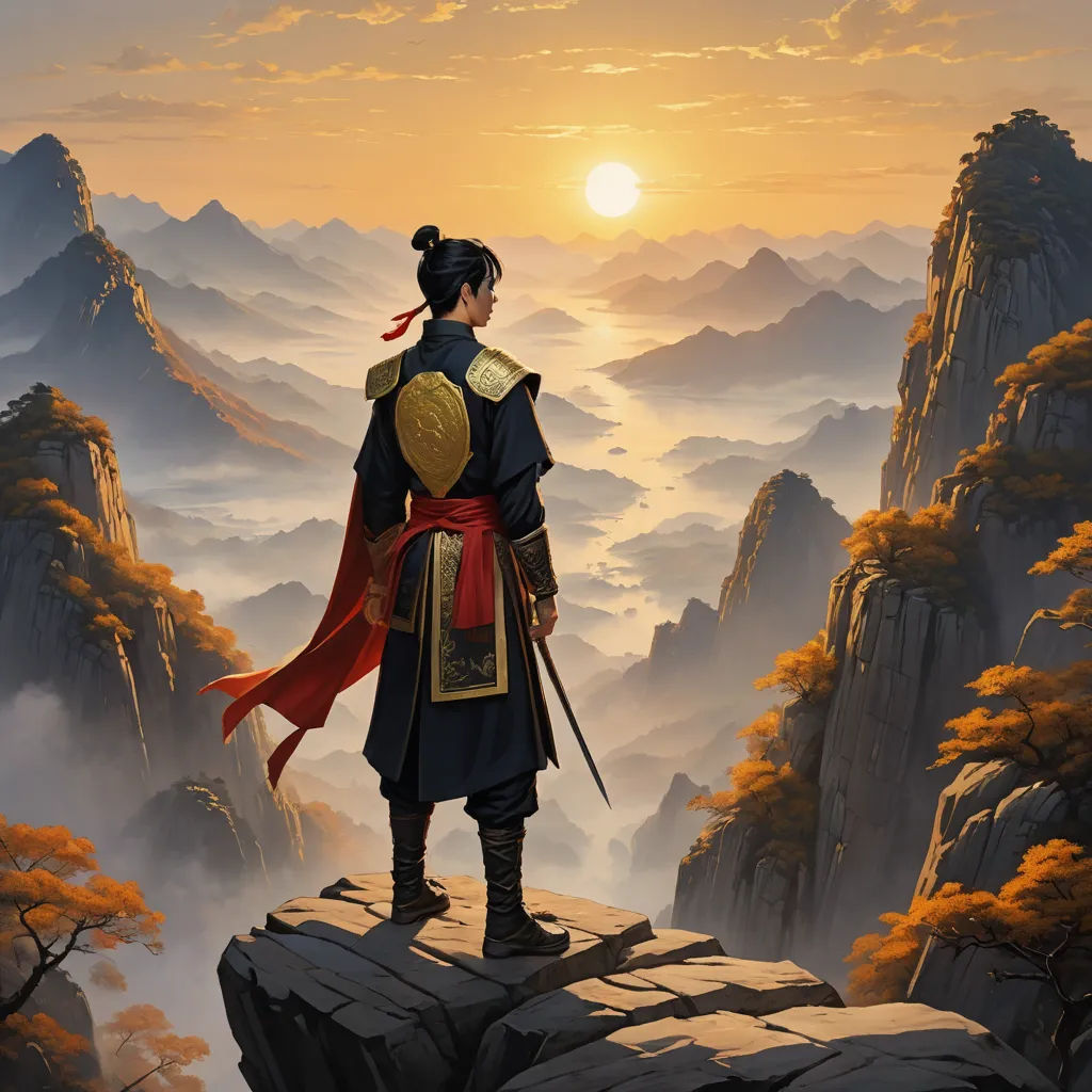 a man standing on a cliff overlooking a valley with mountains and trees in the background and a sun setting, fantasy art, a detailed matte painting, Christophe Vacher, fantasy artwork