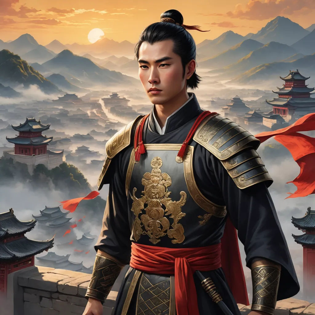 a man in a chinese costume standing on a wall with a mountain in the background and a red flag flying in the air, fantasy art, a character portrait, Emperor Huizong of Song, epic fantasy character art