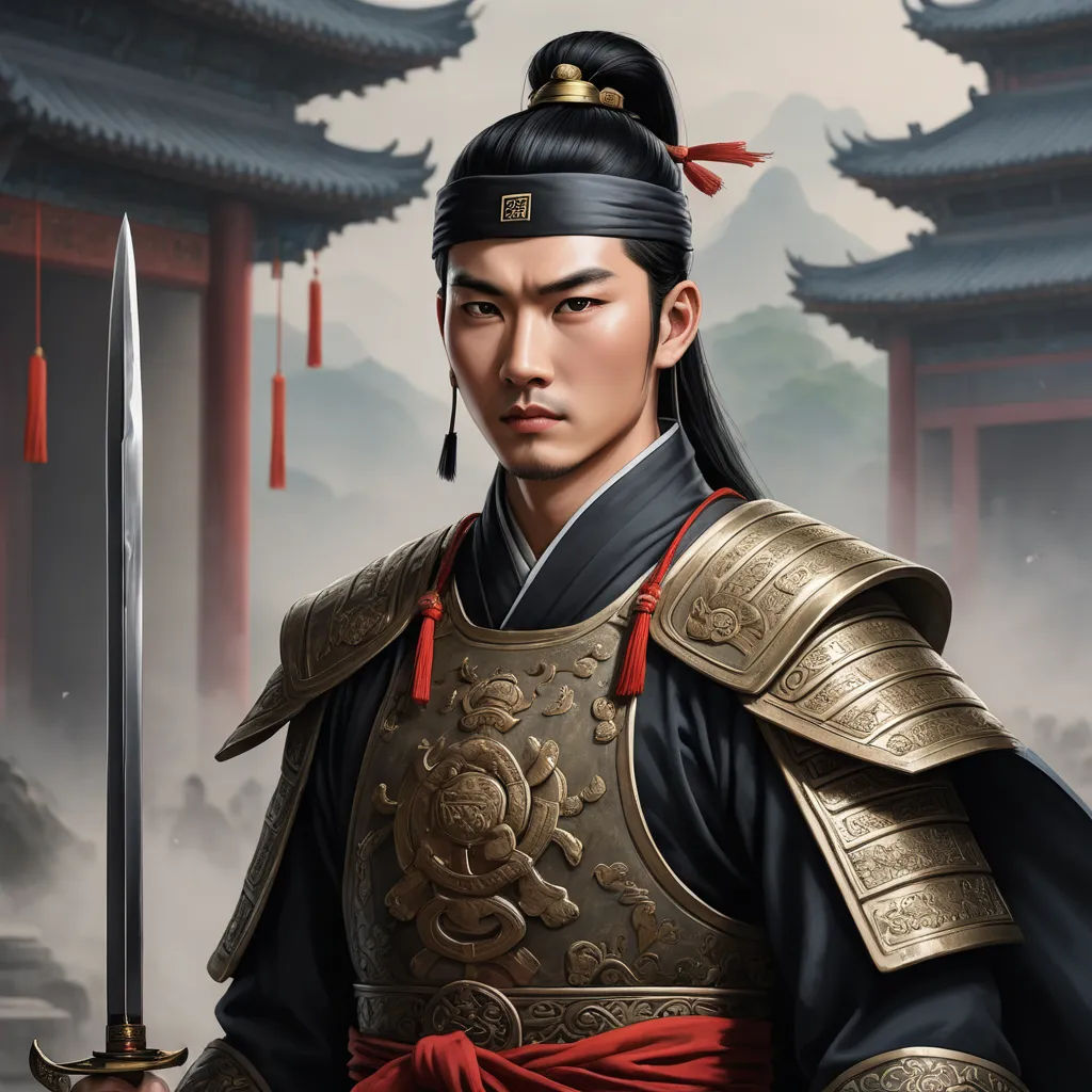 a man in a chinese costume holding a sword and wearing a helmet with a dragon on it and a building in the background, fantasy art, a character portrait, Emperor Huizong of Song, epic fantasy character art
