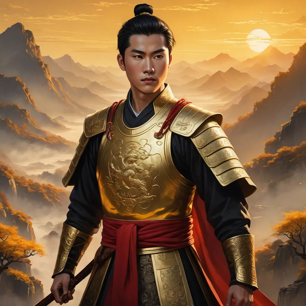 a man in a golden and black outfit holding a sword in front of a mountain landscape with trees and clouds, fantasy art, a character portrait, Dai Jin, epic fantasy character art