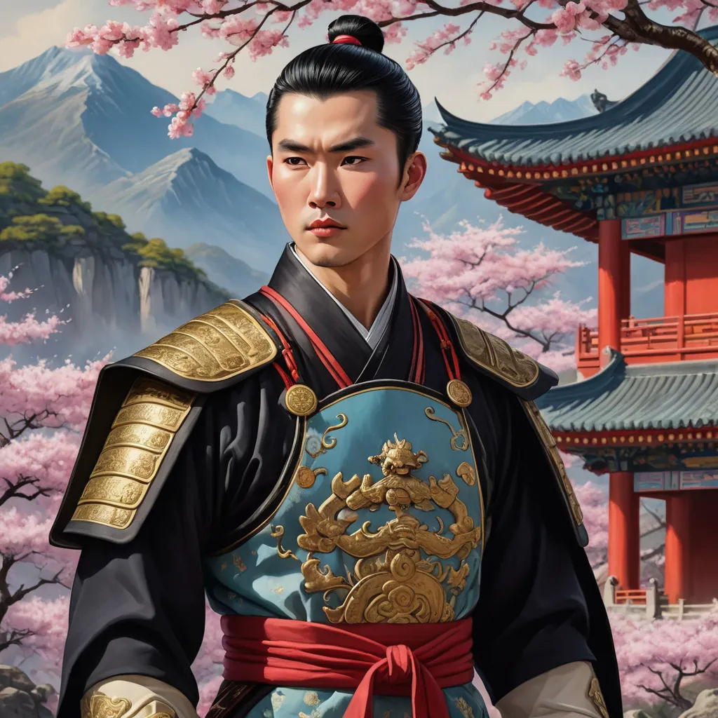 a man in a chinese costume standing in front of a tree with pink flowers and a pagoda in the background, fantasy art, a character portrait, Emperor Huizong of Song, magic the gathering artwork