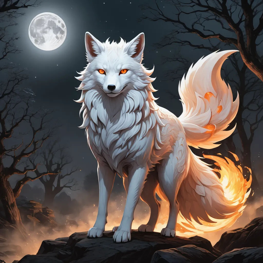 a white wolf standing on a rock in front of a full moon and trees with orange eyes and a full moon behind it, fantasy art, a character portrait, Cyril Rolando, fantasy artwork