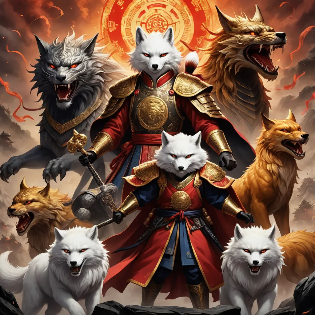 a painting of a man with four wolfs and a sun in the background, with a wolf in the foreground, furry art, a detailed painting, Anne Stokes, comic cover art