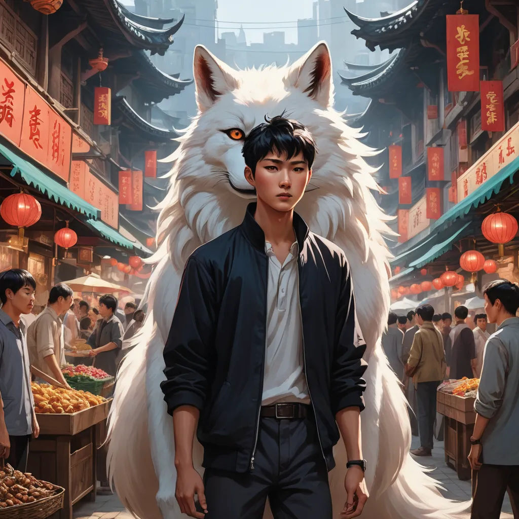 a man standing in front of a white wolf in a market area with people walking around him and a woman standing behind him, furry art, a character portrait, Bian Jingzhao, official art