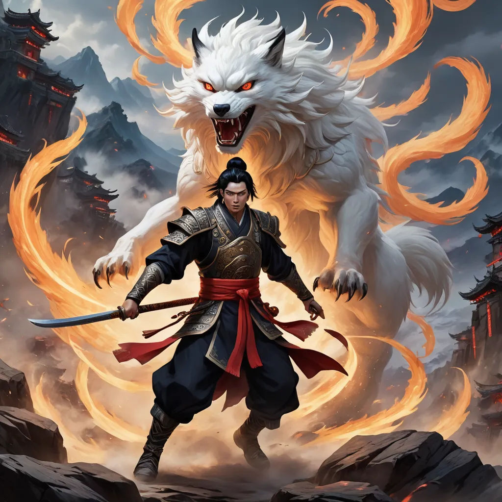 a man in a costume with a sword and a demon on his back, standing in front of a mountain, fantasy art, concept art, Dai Jin, magic the gathering artwork