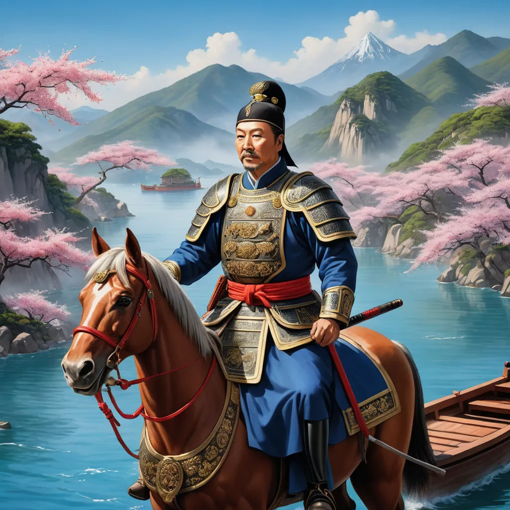a painting of a man riding a horse in a river with a boat in the background and cherry blossoms on the trees, sots art, a detailed painting, Emperor Huizong of Song, highly detailed digital painting