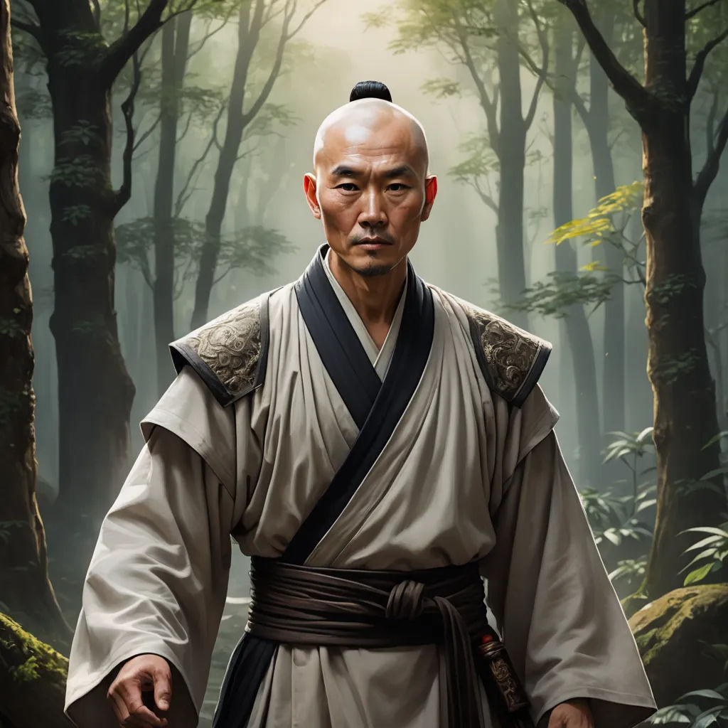 a man in a kimono standing in a forest with trees and bushes behind him, with a sword in his hand, dau-al-set, a character portrait, Dai Jin, character portrait