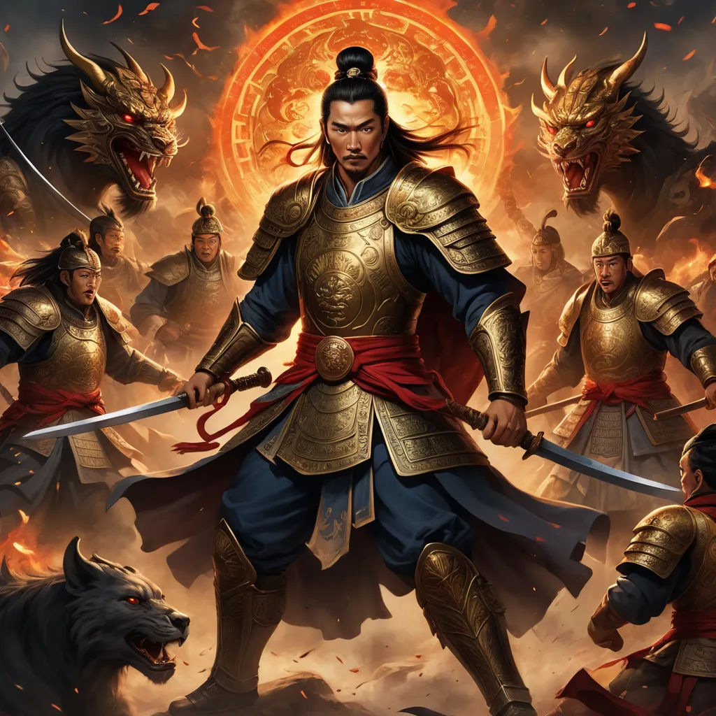 a man in a golden armor with two swords in front of a group of men in armor with two lions, fantasy art, a detailed painting, Dai Jin, epic fantasy character art