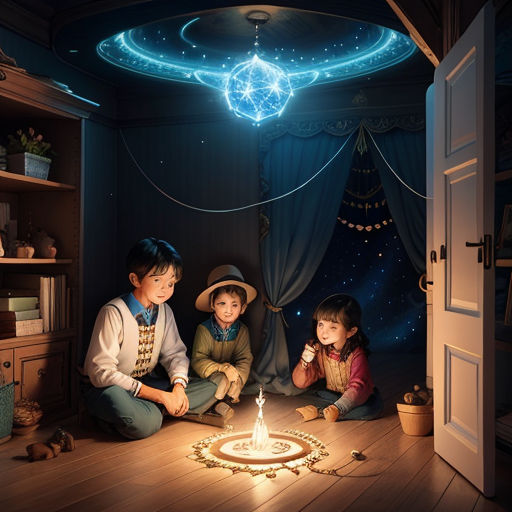 a couple of kids sitting on the floor in front of a lit candle in a room with a star ceiling