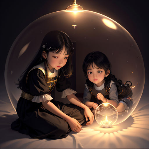 a couple of girls sitting in front of a glass ball with a light on it's side and a light shining on the floor