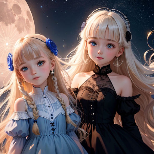 two beautiful young girls standing next to each other in front of a full moon and stars sky with a full moon behind them