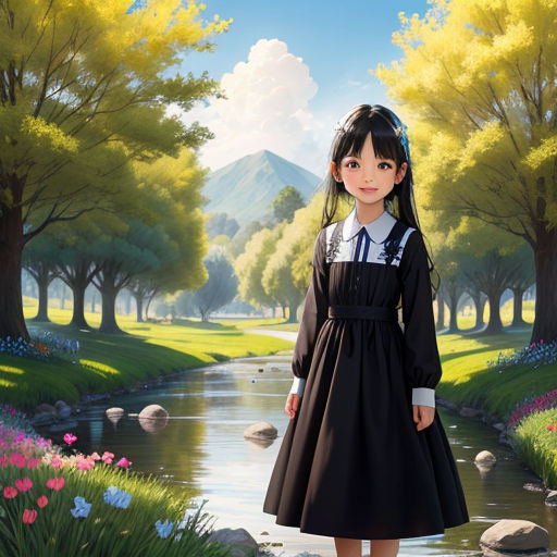 a painting of a girl standing in a park with a stream in front of her and a mountain in the background
