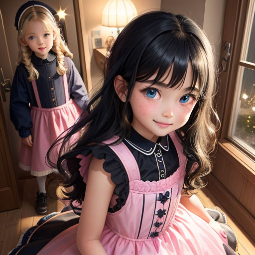 a little girl in a pink dress sitting next to a window with a doll in the background and a doll in the background
