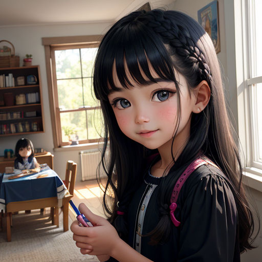a young girl is holding a pen and looking at the camera while sitting at a table with a child