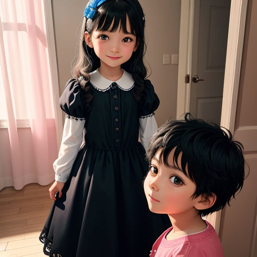 a couple of kids standing next to each other in a room with a door and a window behind them