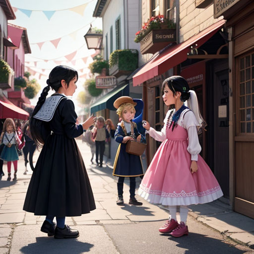 a couple of kids standing next to each other on a street near a building and a crowd of people