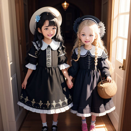 two little girls dressed in black and white outfits standing in a doorway together holding hands and smiling at the camera