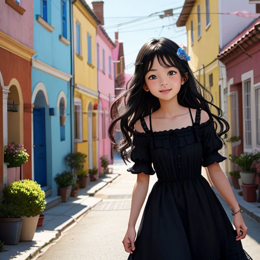 a young girl in a black dress is walking down a street with a handbag in her hand and a blue flower in her hair