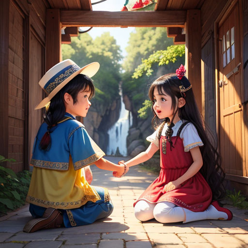 two children sitting on the ground holding hands and looking at each other with a waterfall in the background and a wooden building in the background