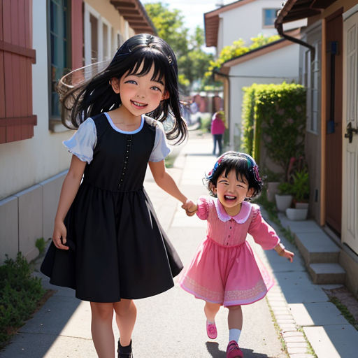 two little girls walking down a sidewalk holding hands and smiling at the camera, with a house in the background