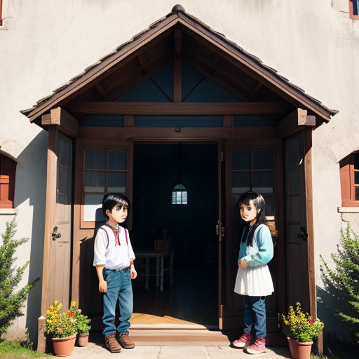 two children standing in front of a church door with a clock on the wall and a clock on the door