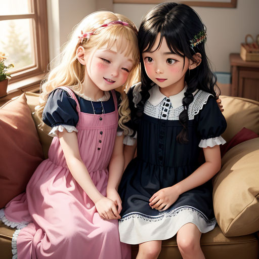 two little girls sitting on a couch next to each other in a room with a window and a couch