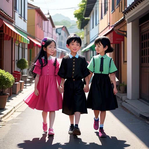 three children are walking down a narrow street together in dresses and shoes, with a green shirt on the top of the shirt