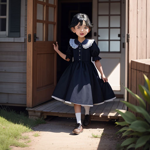 a little girl in a black dress is standing outside of a door way with her hands in her pockets