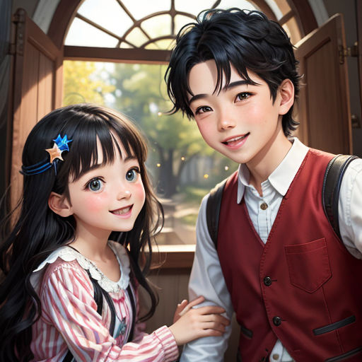 a boy and a girl are standing in front of a window and smiling at the camera, with a star on their forehead
