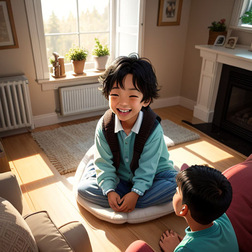 a boy and a girl sitting on a bean bag chair in a living room with a fireplace and a window