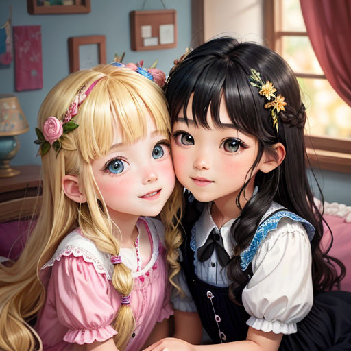 two little girls sitting on a bed next to each other with their arms around each other and smiling at the camera