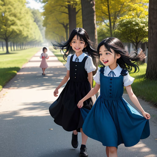 two young girls are walking down a path together in dresses and shoes, with trees in the background and a path leading to the park