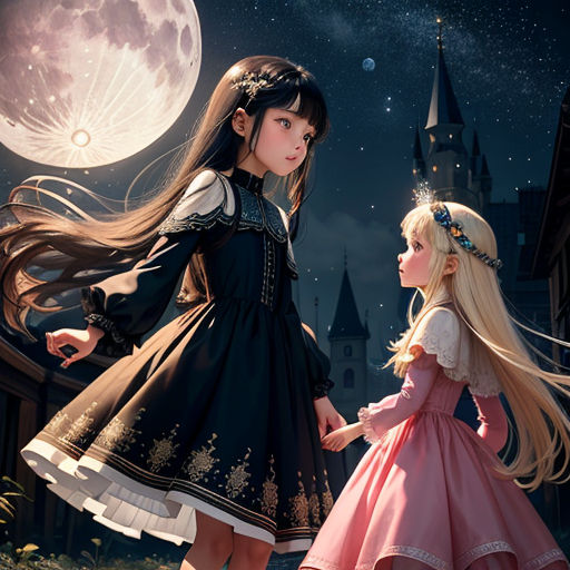 two young girls dressed in dresses standing in front of a full moon and castle with a full moon in the background