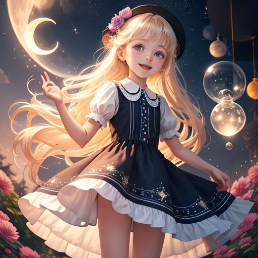 a girl in a dress and hat standing in front of a moon and bubbles background with a pink flower