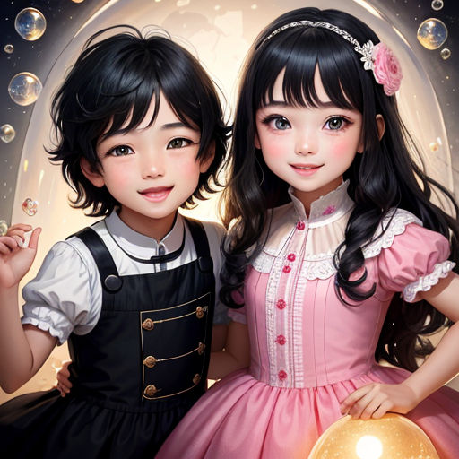 two children are dressed in costumes and holding a golden ball in front of a background of bubbles and stars