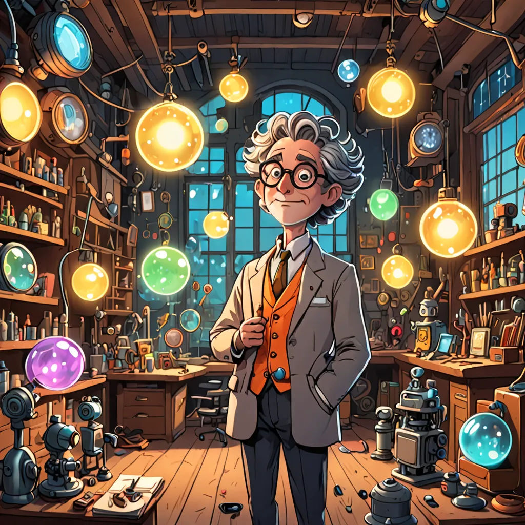 a man in a suit and tie standing in a room with many lights hanging from the ceiling and a lot of books, fantasy art, a character portrait, David Brewster, rossdraws global illumination