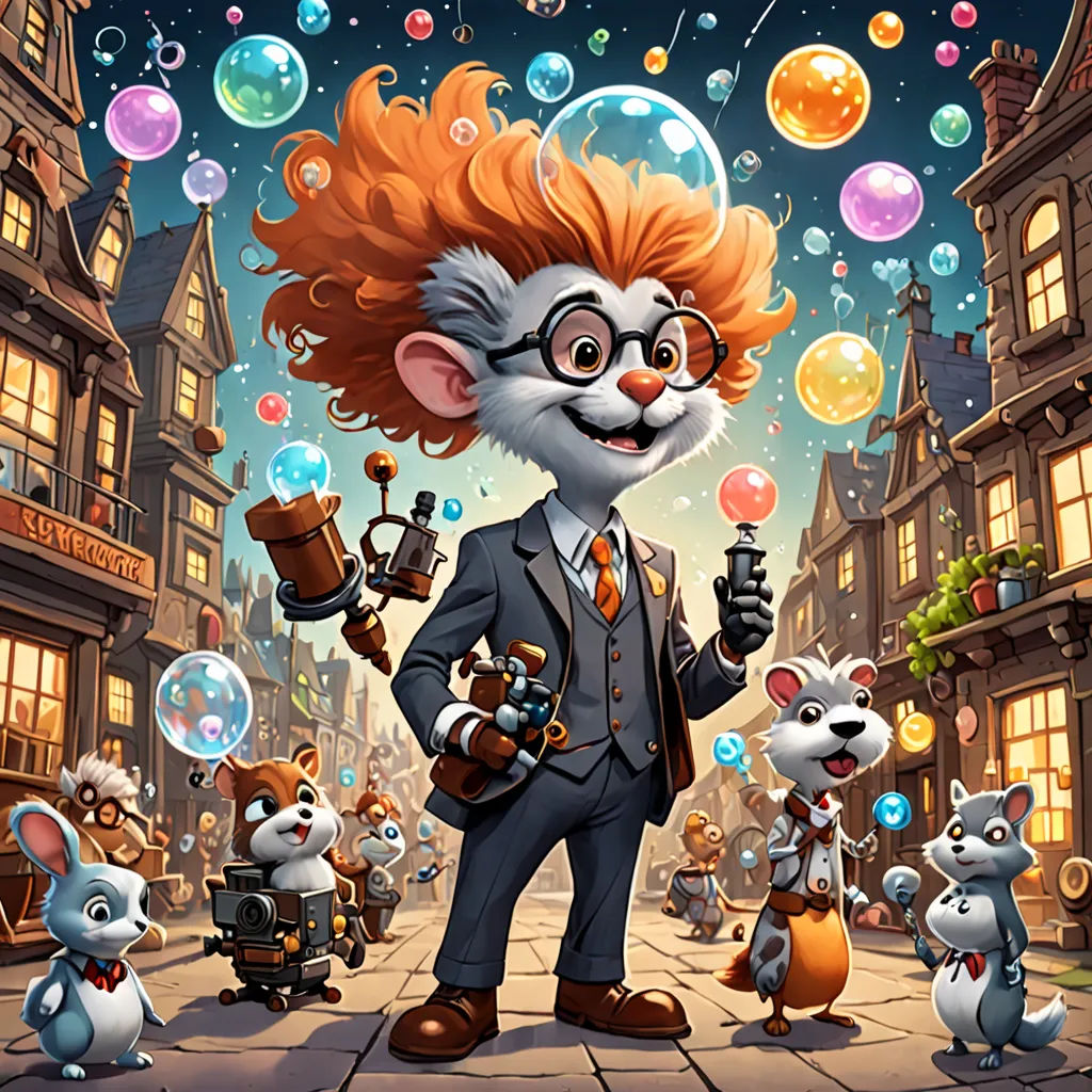 a cartoon character with many small animals in a city street with bubbles and bubbles floating around him, and a man in a suit and tie, fantasy art, a character portrait, Chris LaBrooy, key art