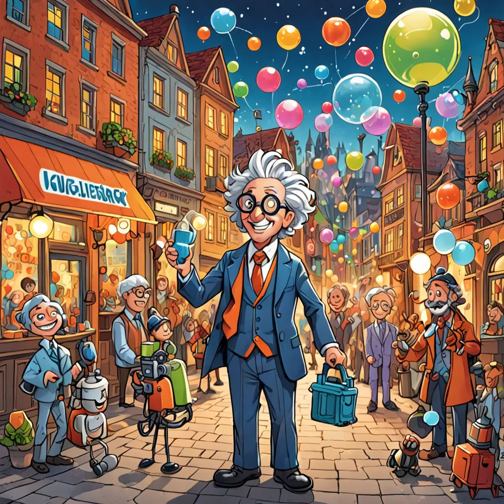 a cartoon of a man in a suit and tie holding a cell phone in a crowded street with balloons, analytical art, a storybook illustration, David Brewster, promotional image