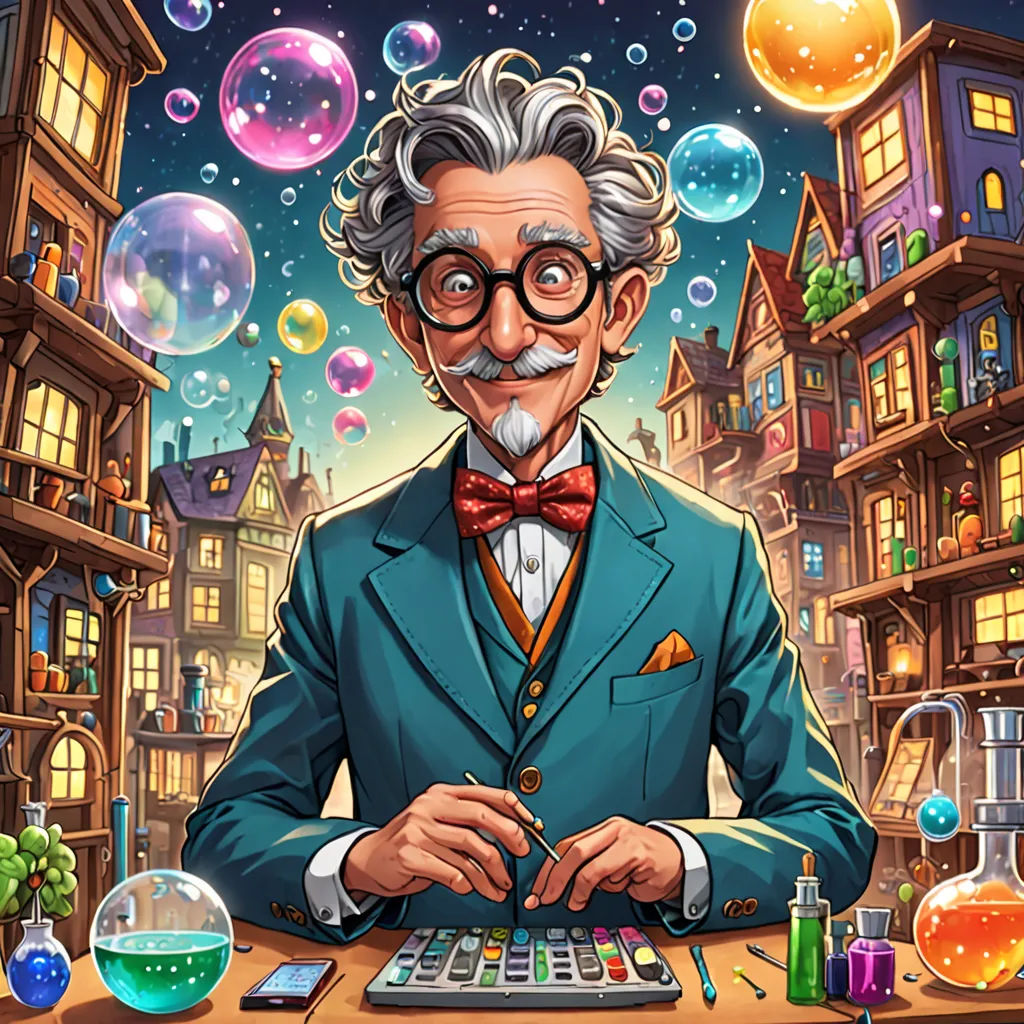 a man in a suit and bow tie is typing on a keyboard in front of a city with bubbles, fantasy art, a character portrait, Chris LaBrooy, game art